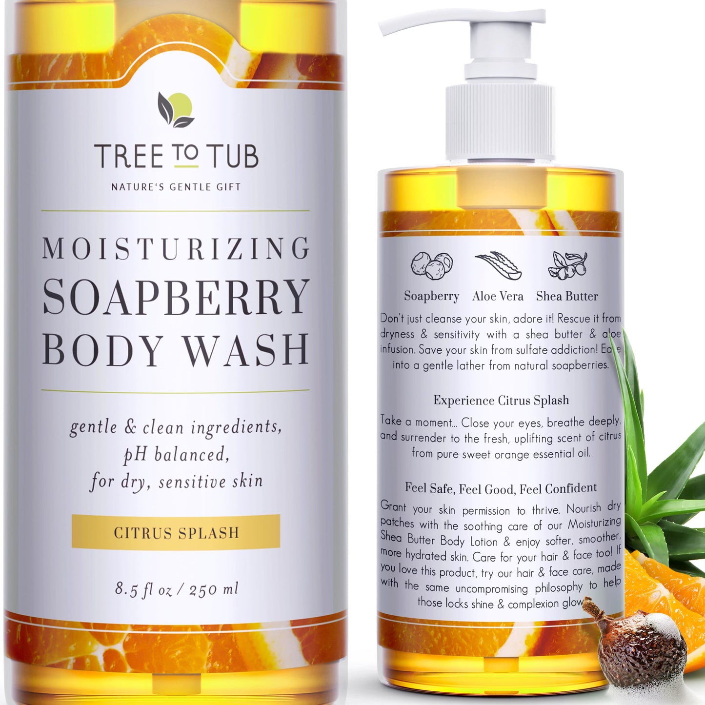 Tree To Tub Citrus Body Wash for Dry Skin & Sensitive Skin - pH Balanced Moisturizing Body Wash, Hydrating Sulfate Free Body Soap for Women & Men w/Organic Shea Butter, Aloe Vera, Natural Soapberry