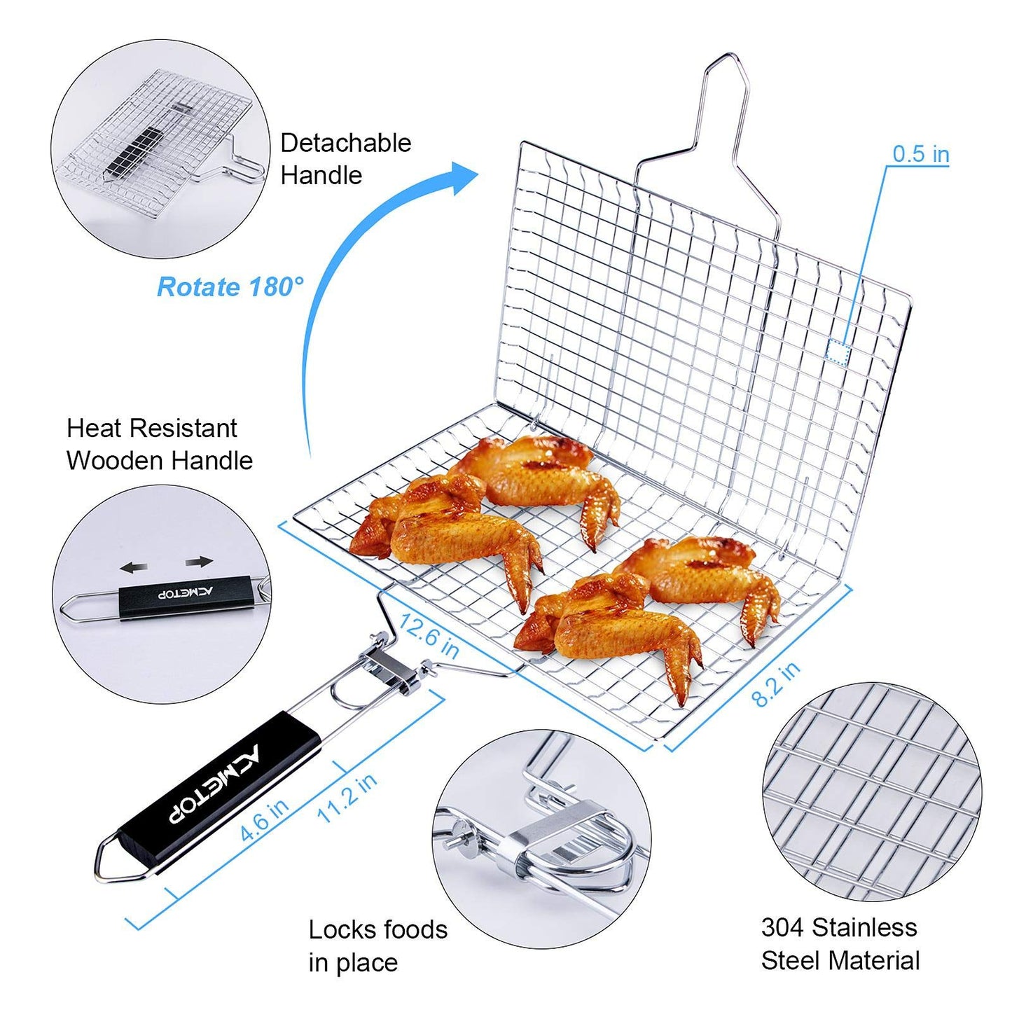 ACMETOP Portable BBQ Grill Basket, Stainless Steel Fish Grill Basket with Removable Handle, Perfect for Grilling Vegetables, Fishes, Shrimp - Bonus a Grill Mat, Sauce Bottle Brush and Carrying Pouch