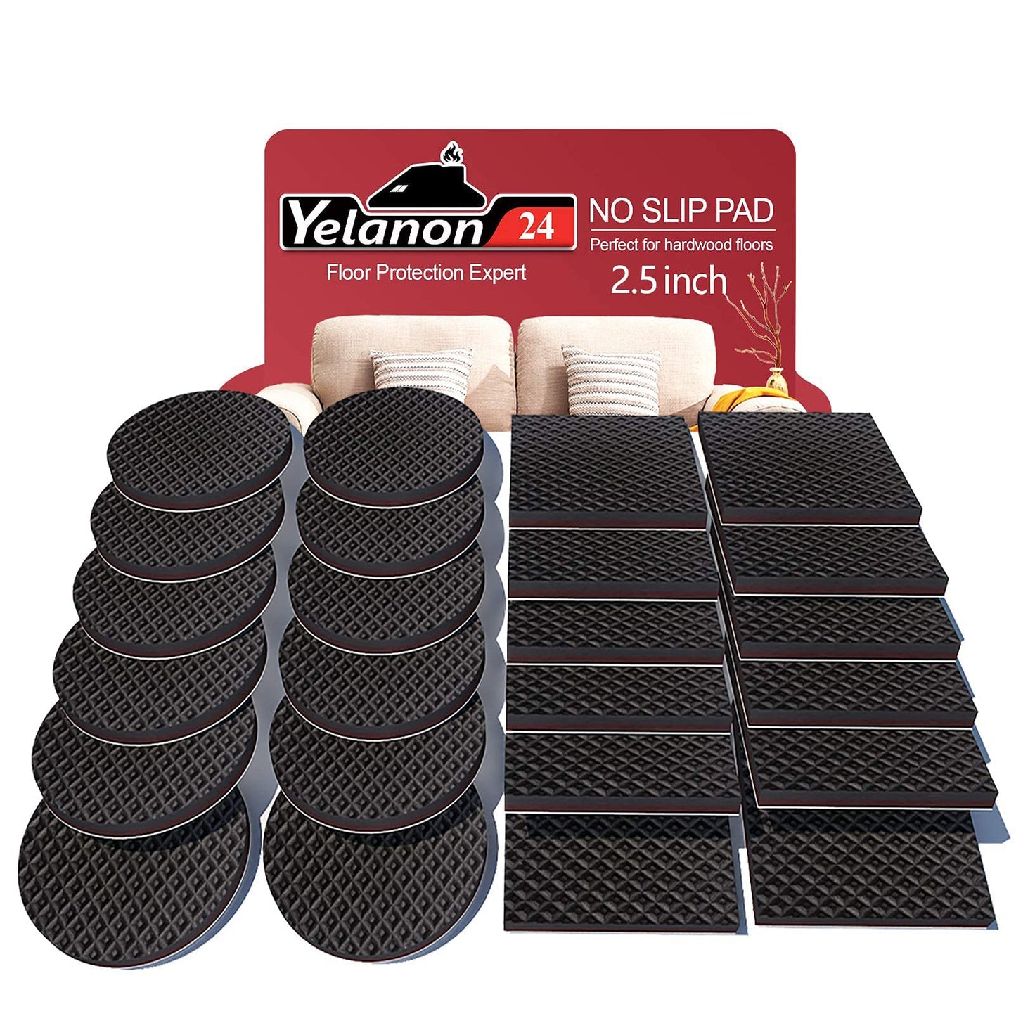 Yelanon Non Slip Furniture Pads -24 pcs 63mm Furniture Grippers, Non Skid for Furniture Legs,Self Adhesive Rubber Furniture Feet,Anti Slide Furniture Hardwood Floor Protector for Keep Couch Stoppers 12Pcs 2.5"Square 12Pcs 2.5"Round SBR