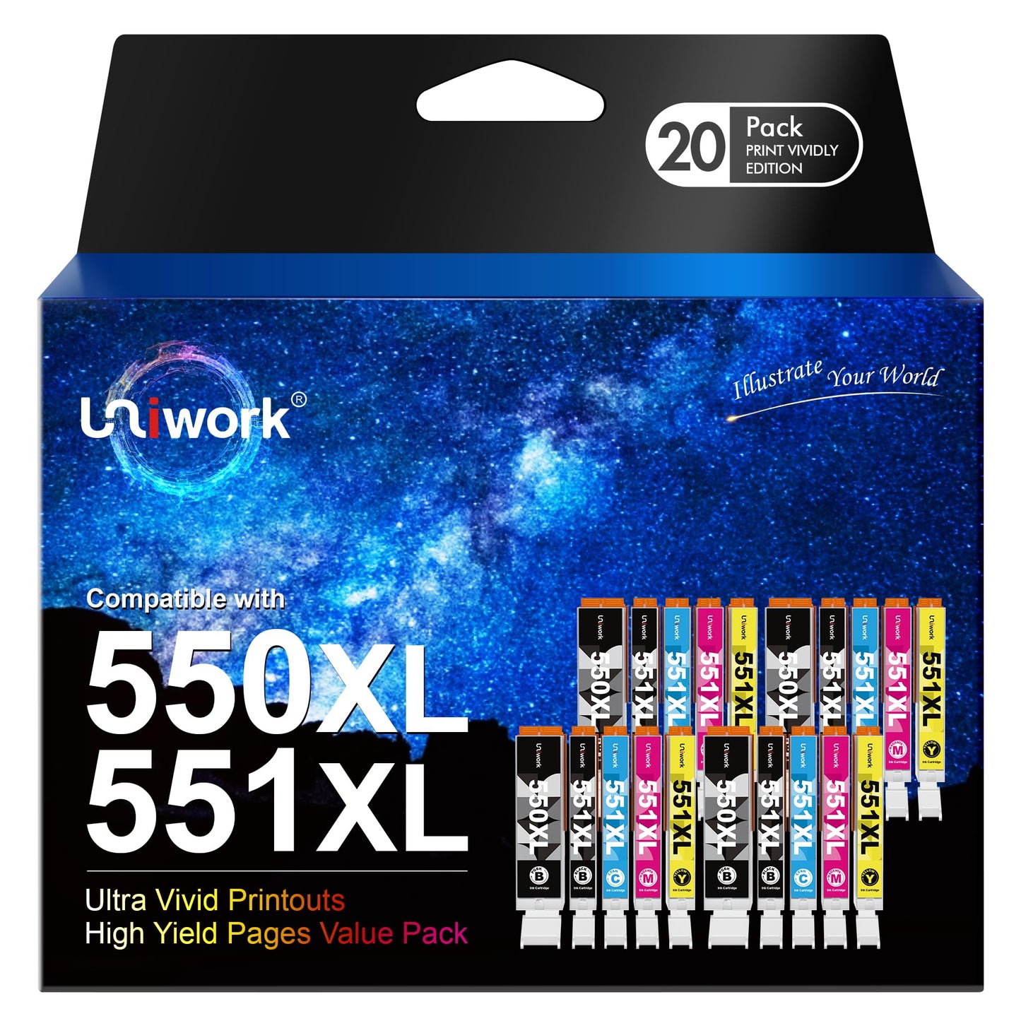 Uniwork 550XL 551XL Compatible Ink Cartridge Replacement for Canon PGI 550XL CLI 551XL Pixma iP7250 MG5650 MX925 iX6850 MG5550 MG5450 MG6650 MX920 MG5400 MG6450(PGBK Black Cyan Magenta Yellow,20-Pack) 550XL 20-Pack