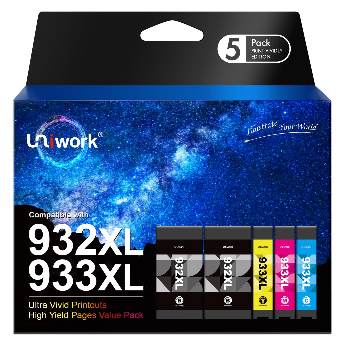 Uniwork Compatible Ink Cartridges Replacement Multipack for HP 932XL 933XL 932 933 XL for Officejet 6100 6600 6700 7110 7510 7610 7612(Black Cyan Magenta Yellow, 5 Combo Pack) 932XL 5-Pack