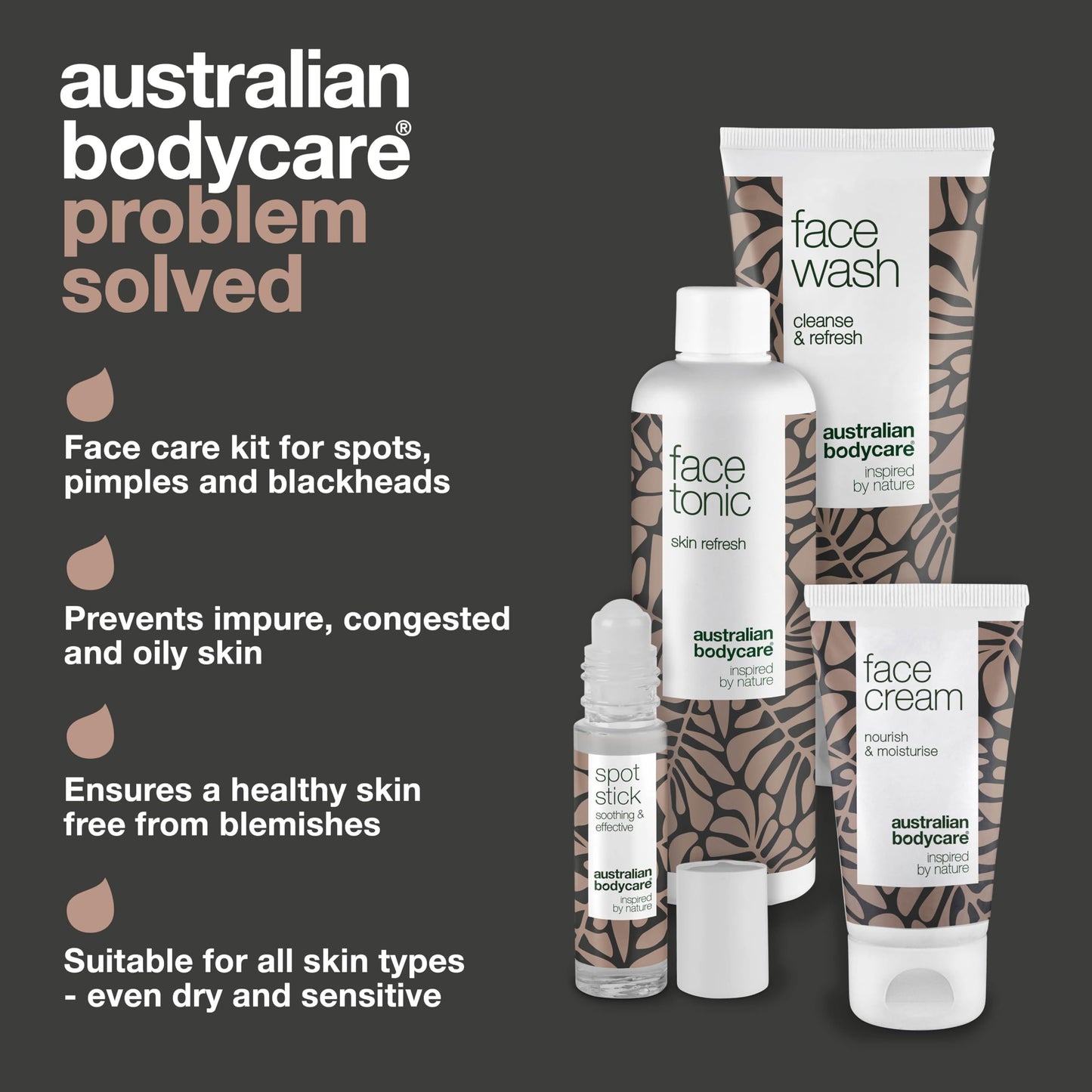 Australian Bodycare 4 Face Products - They are Perfect for Spots, pimples and Oily, Acne Prone Skin. with 100% Pure High Pharmaceutical Grade Australian Tea Tree Oil - Wash, Tonic, Cream & Spot Stick