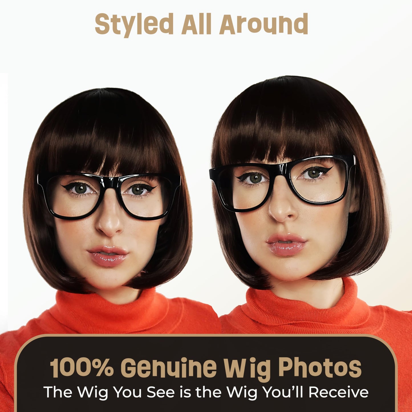 ALLAURA - Brown Bob Wig Velma Wig and Glasses - Sexy Velma Costume Adult Women Velma Cosplay Flapper Wig With Bangs Dora Wig Brown Bob + Black Glasses Velma Costume Set