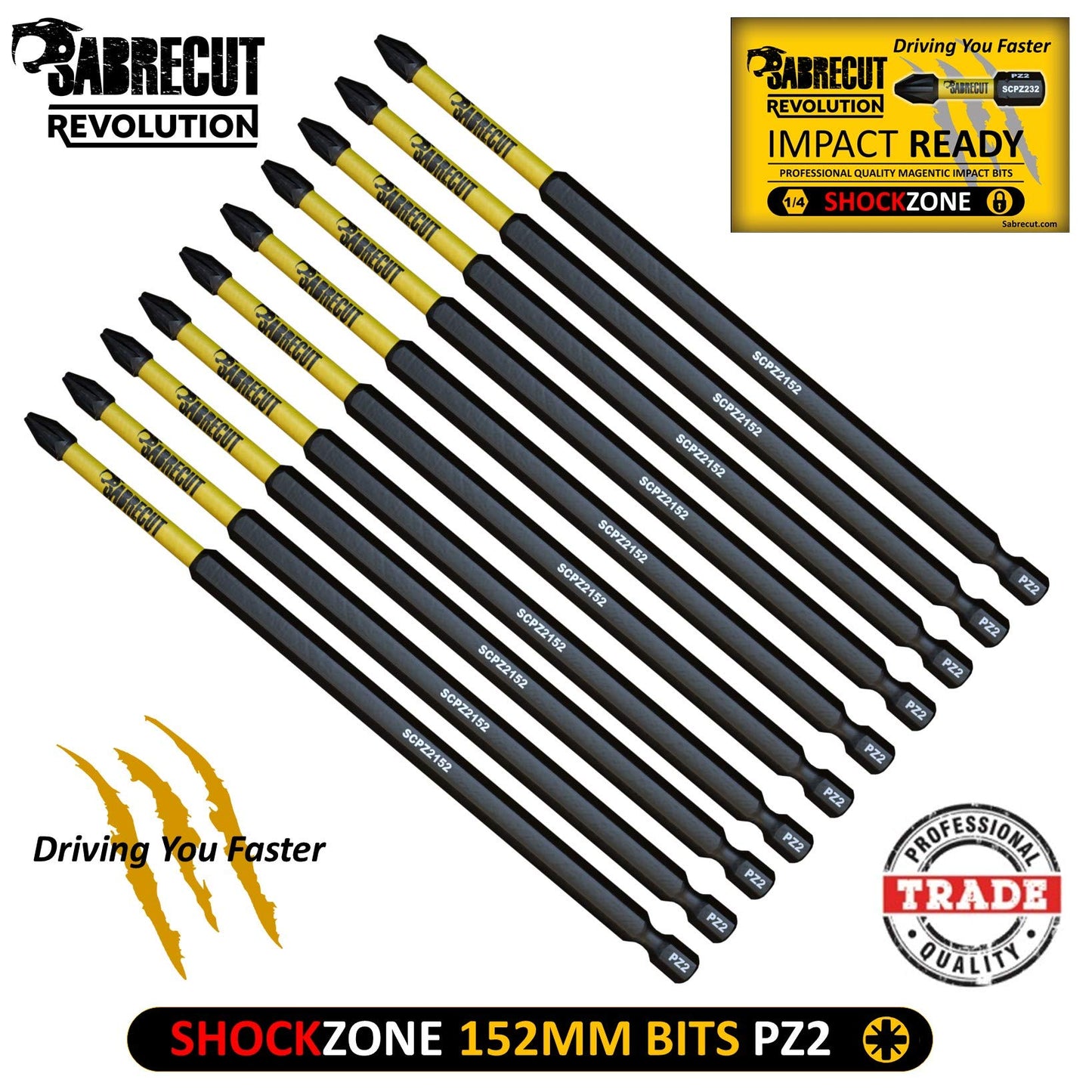 10 x SabreCut SCPZ2152_10 152mm PZ2 Magnetic Impact Screwdriver Driver Bits Set Pozi Pozidriv Heavy Duty