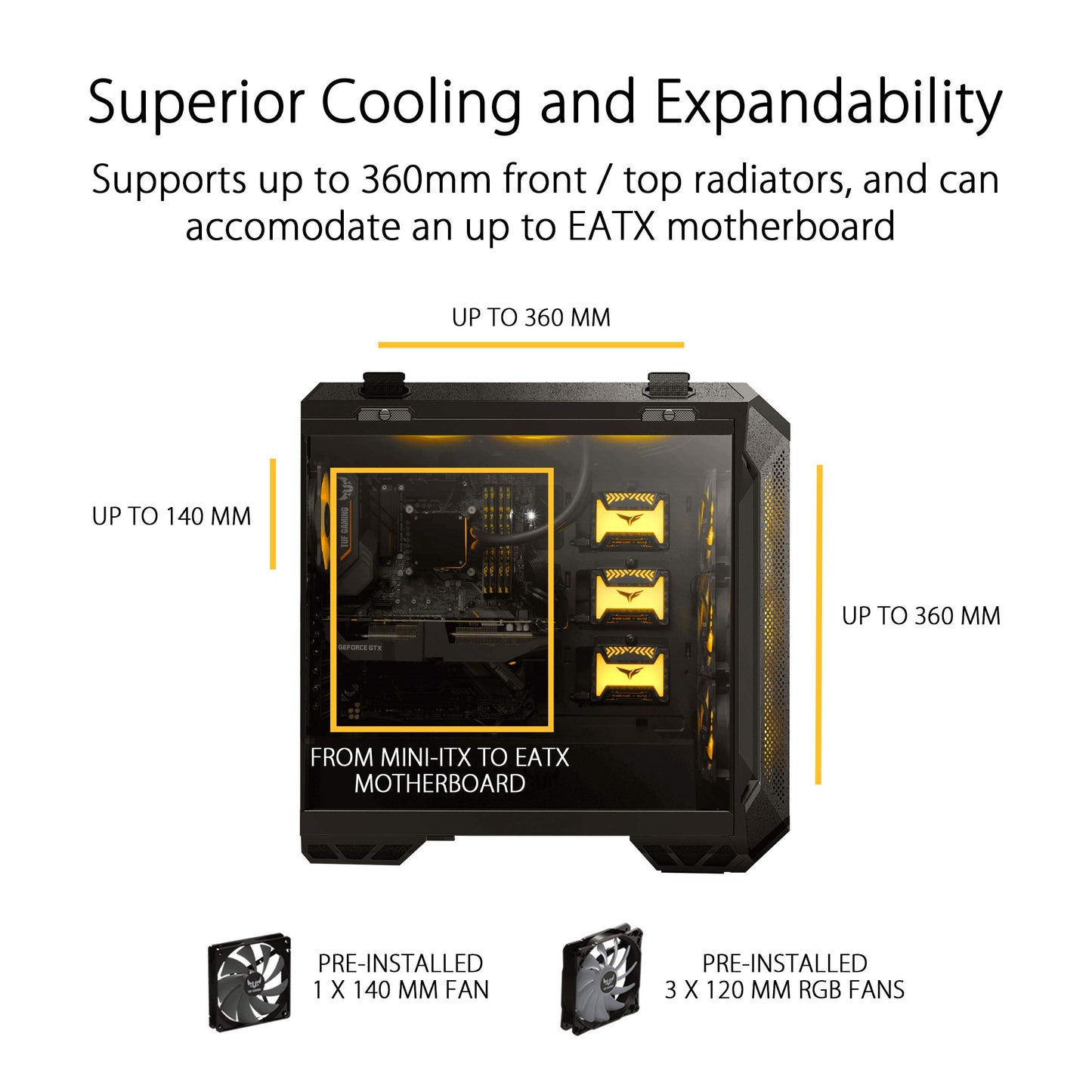 ASUS GT501 TUF EATX Form Factor Gaming Case, 3 x 120 mm Aura RGB Fans, Tempered Glass Side Panel, Metal Front Panel, USB 3.1, Front and Top Reserved Space for Radiators Black TUF Gaming GT501