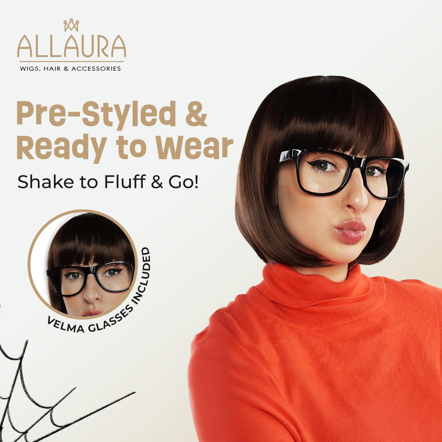 ALLAURA - Brown Bob Wig Velma Wig and Glasses - Sexy Velma Costume Adult Women Velma Cosplay Flapper Wig With Bangs Dora Wig Brown Bob + Black Glasses Velma Costume Set