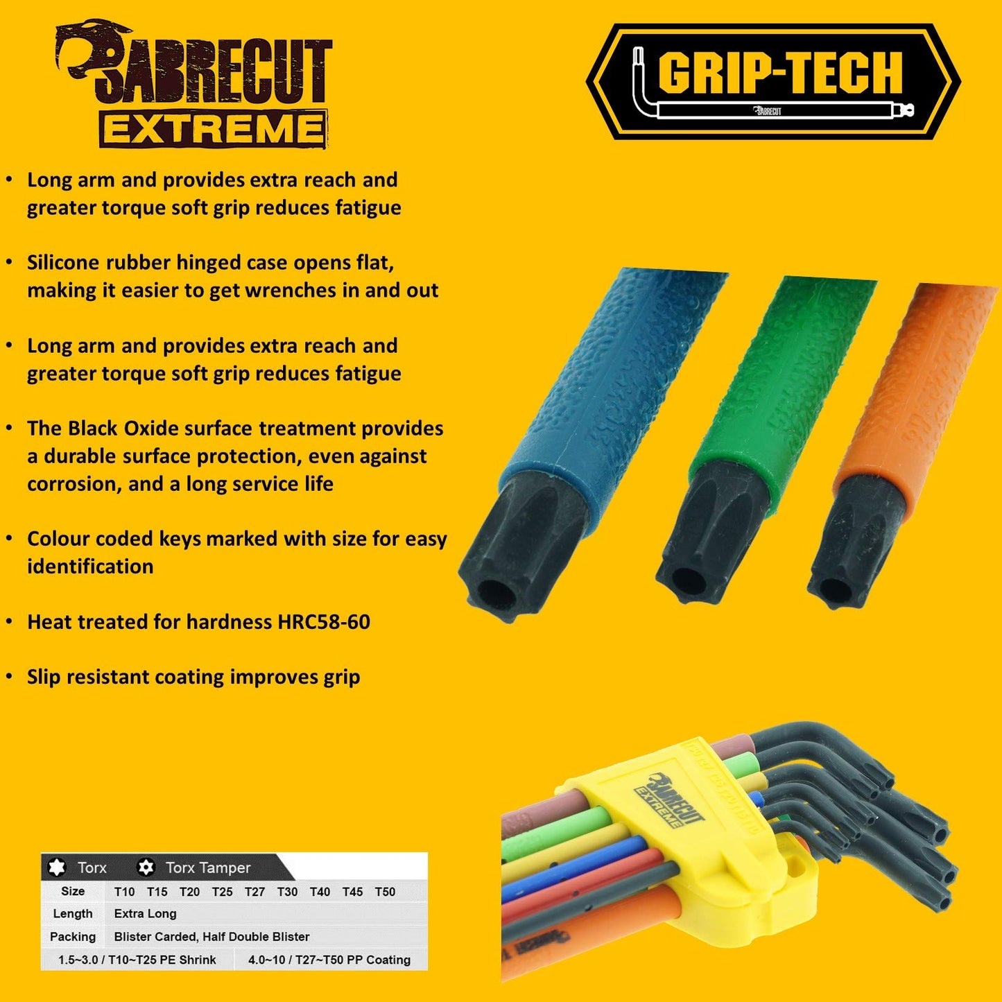 18 Piece SabreCut SCTGKB1 Soft Grip Comfort Extra Long Black Oxide Hex Hex Diamond (Hex Plus) and Torx Security Key Sets with Colour Coding - Sizes 1.5mm-10mm T10-T50