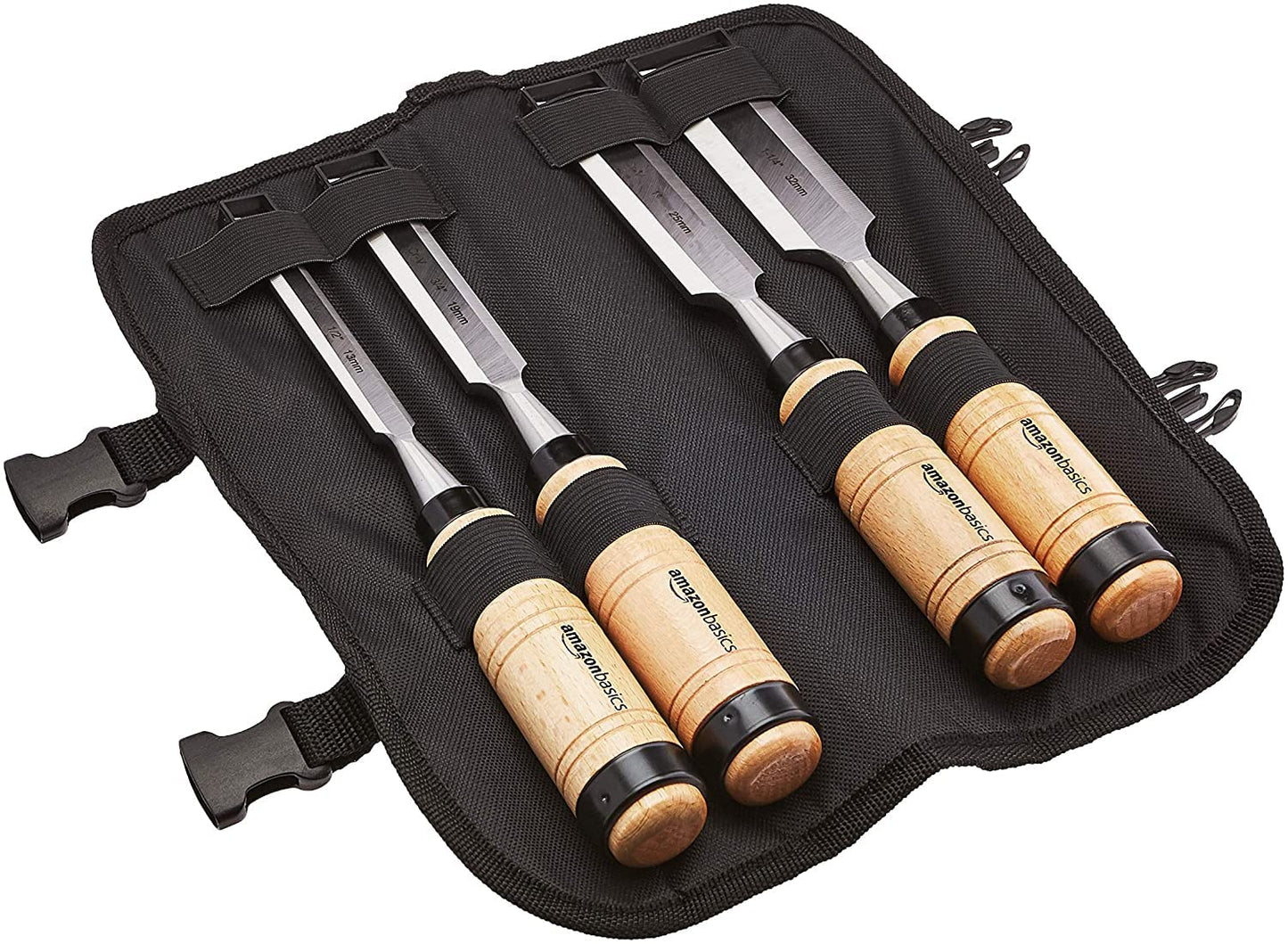 Amazon Basics 4-Piece Sturdy Chrome Vanadium Steel Woodworking Wood Chisel Set – 1/2 Inch (13mm) to 1-1/4 Inch (32mm), Wooden Handles with Carry Pouch 1/2" - 1.25"