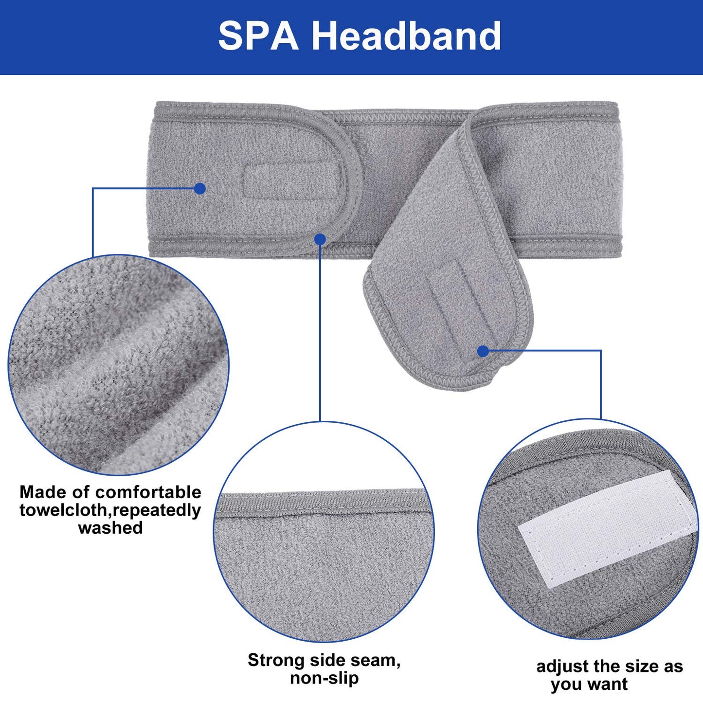 Whaline 4 Counts Spa Facial Headband Head Wrap Terry Cloth Headband Stretch Towel for Bath, Makeup and Sport (Gray) Gray