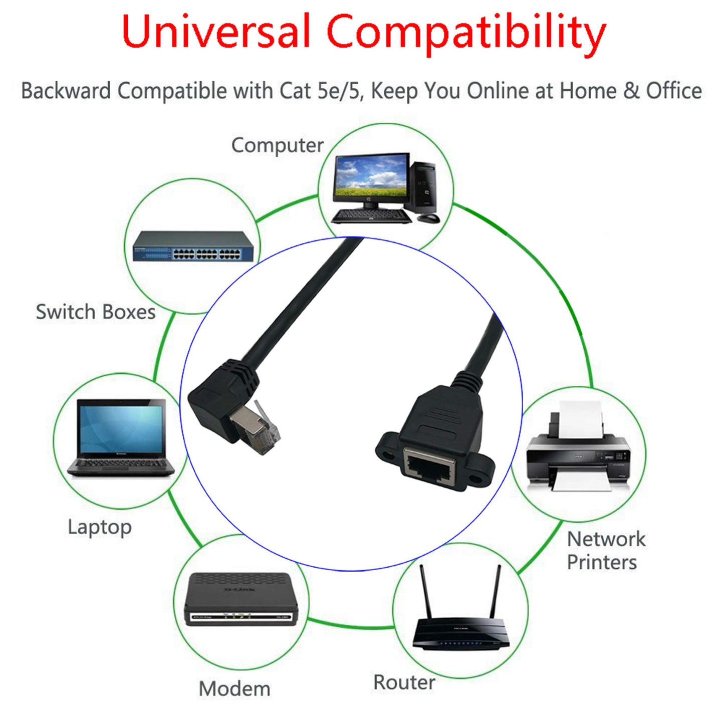 zdyCGTime CAT6 RJ45 LAN Network Extension Cable,Cat6e 90° RJ45 male to female installation screw board network extension cable,Suitable for routers,printers,xBox and other equipment.(30cm/1 Pack) 黑色