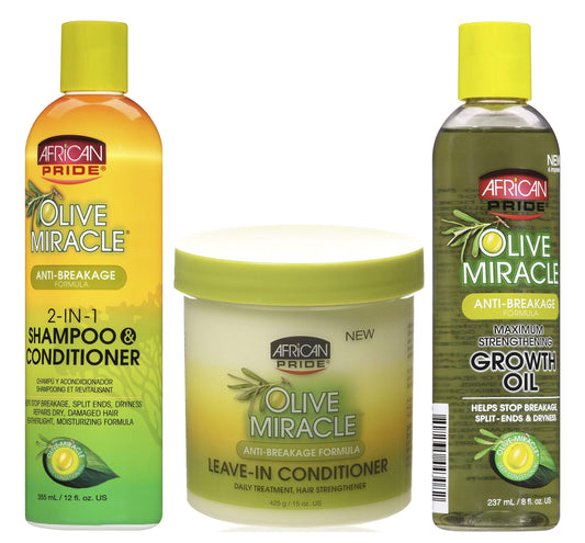 African Pride Olive Miracle Anti-Breakage TRIO SET | 2 in 1 Shampoo and Conditioner | Leave-In Conditioner | Maximum Strengthening Growth Oil