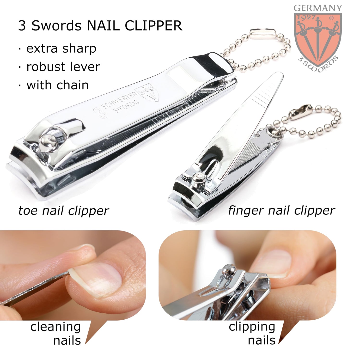 3 Swords Germany - Brand Quality 2 Piece Manicure Pedicure Grooming kit Set Finger & Toe Nail Clipper in Synthetic Leather case - Made by 3 Swords (6721) Silver