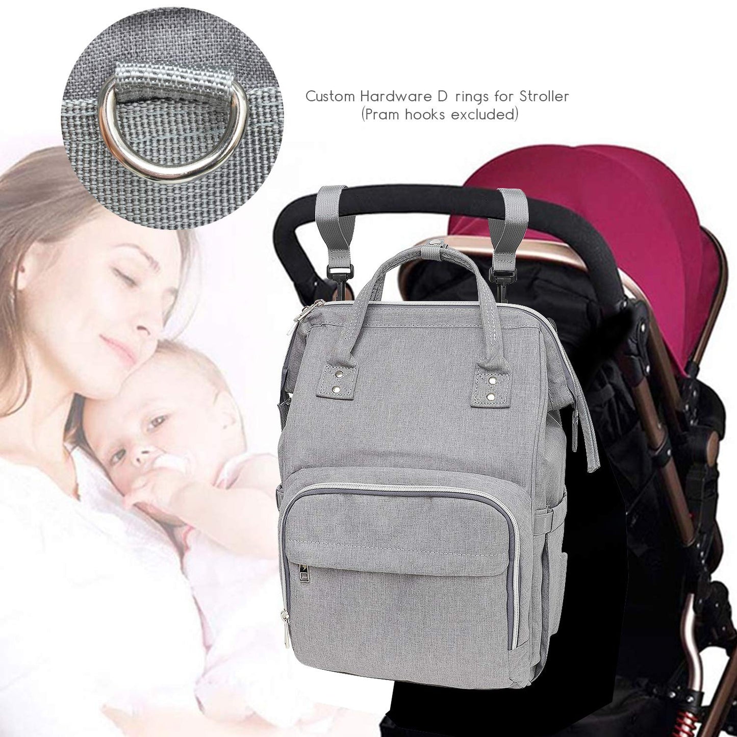 Baby Diaper Bag Backpack, Multi-Function Waterproof Maternity Nappy Bags with USB Port for Mom & Dad, Large Capacity (Grey) Grey