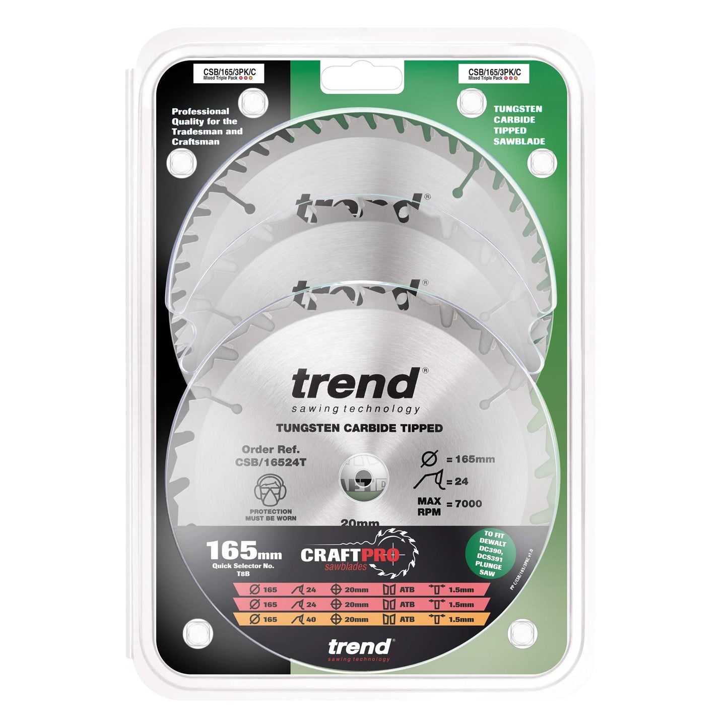 Trend Wood Cordless Circular Saw Blades, 165mm Diameter, 20mm Bore, 24/40 Teeth, 1.5mm Kerf, +15° Hook, TCT, Medium/Fine Finish, 3 Pack, CSB/165/3PK/C 165mm x 24 & 40 Teeth 165mm x 24 and 40 Teeth x 20 Bore