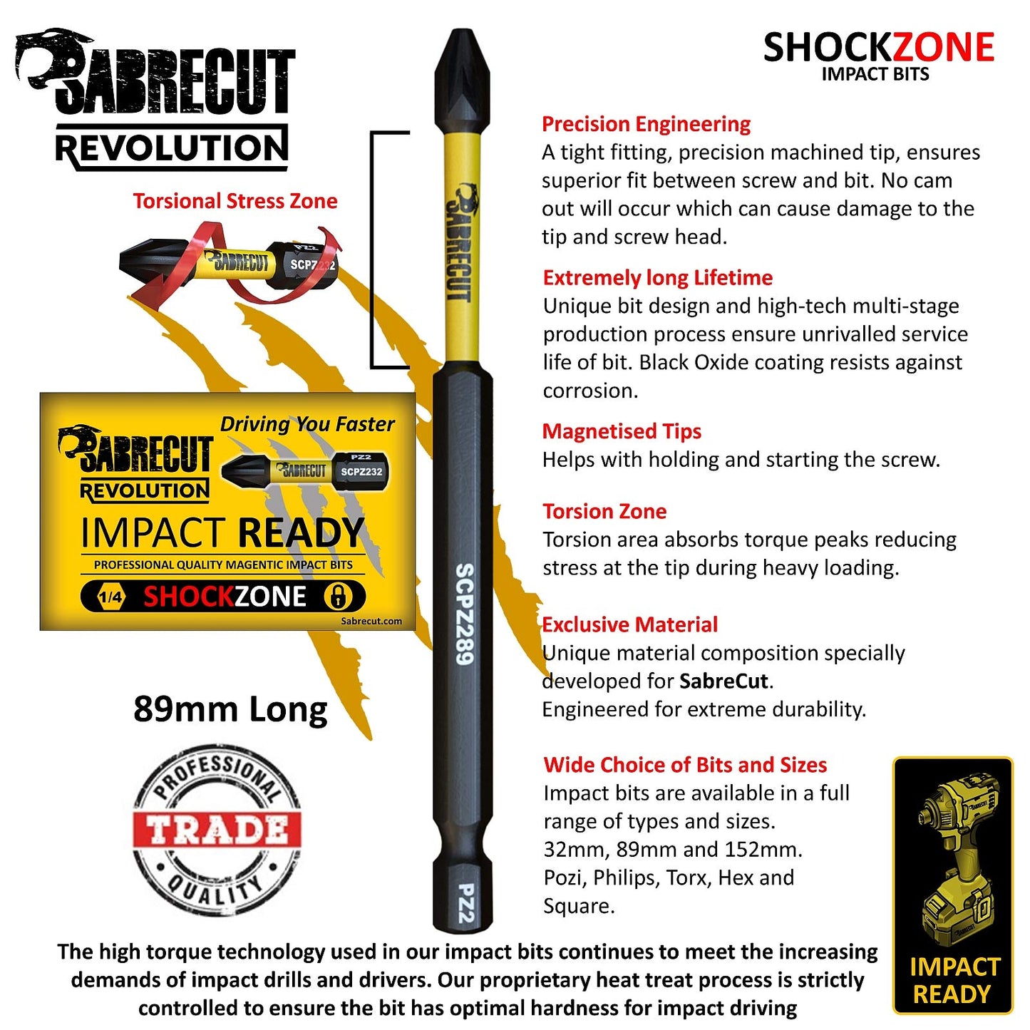 5 x SabreCut SCPZ289_5 89mm PZ2 Magnetic Impact Screwdriver Driver Bits Set Pozi Pozidriv Heavy Duty