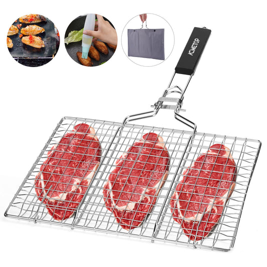 ACMETOP Portable BBQ Grill Basket, Stainless Steel Fish Grill Basket with Removable Handle, Perfect for Grilling Vegetables, Fishes, Shrimp - Bonus a Grill Mat, Sauce Bottle Brush and Carrying Pouch