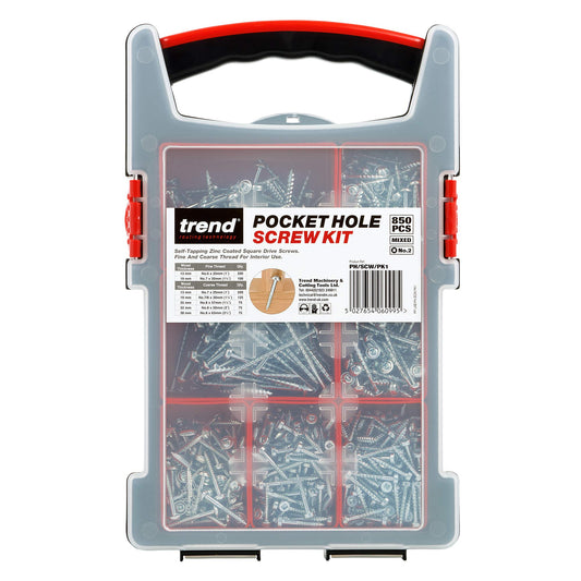 Trend Pocket Hole Screws For Hard & Softwoods, Assortment Pack Of 850, Self-Tapping Zinc Coated Square Drive Screws In Carry Case, PH/SCW/PK1 Assortment x 850pk