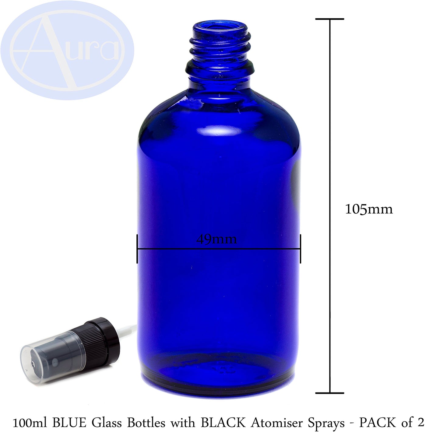 Aura 100ml Blue Glass Bottles with Black ATOMISER Sprays - Pack of 2