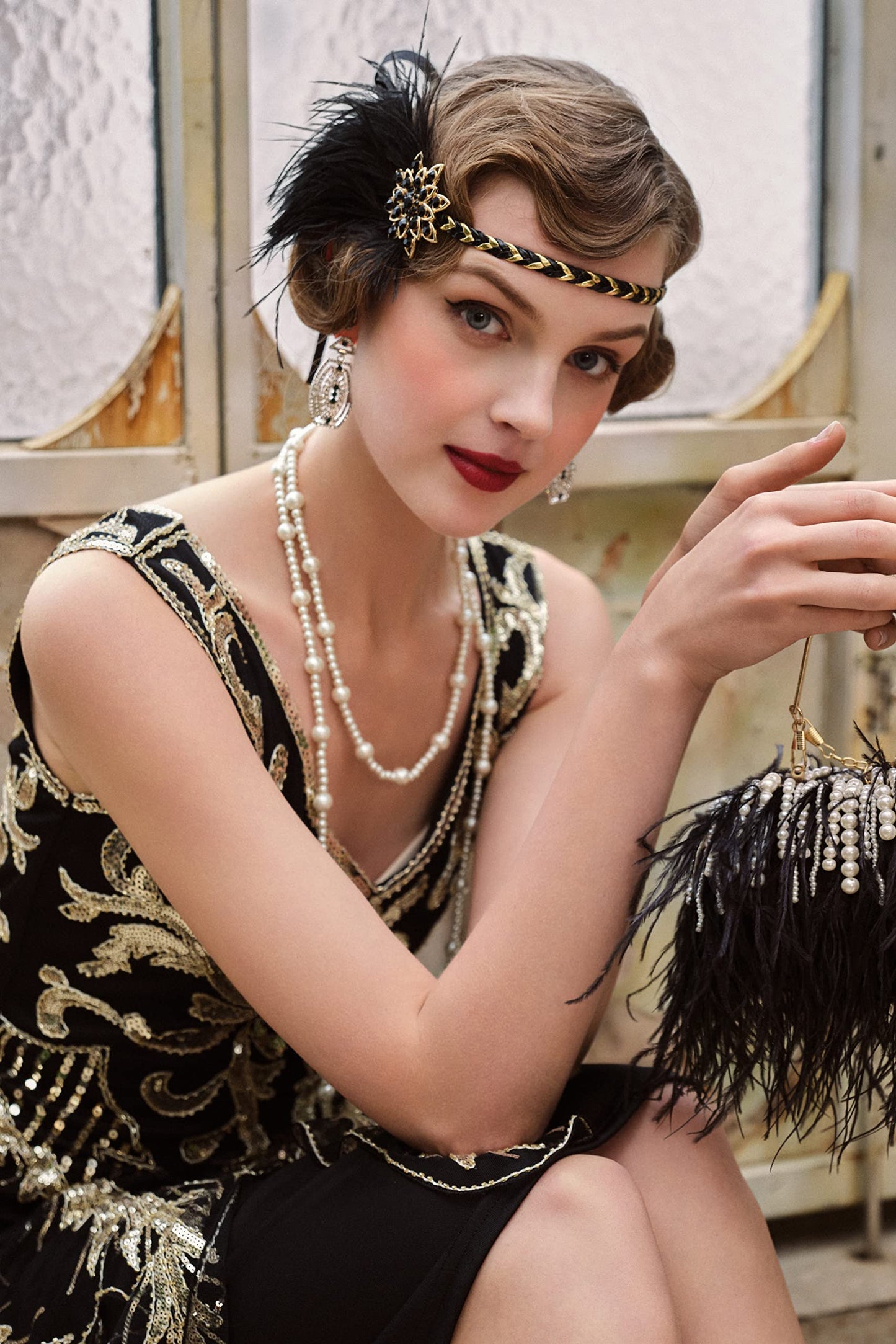 BABEYOND 1920s Vintage Headband Roaring 20s Flapper Headpiece with Feather 1920s Great Gatsby Costume Accesories Blackgold