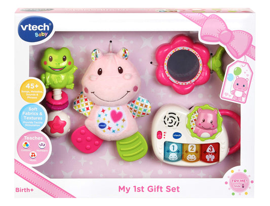 VTech My First Gift Set New Baby Gifts | Newborn Baby Toys Including Hippo Animal Plush, Baby Teether, | 0, 6, 12 Months + for Boys & Girls, Pink, English Version,Box size: 40 x 30.5 x 7.8cm Single My First Gift Set Pink