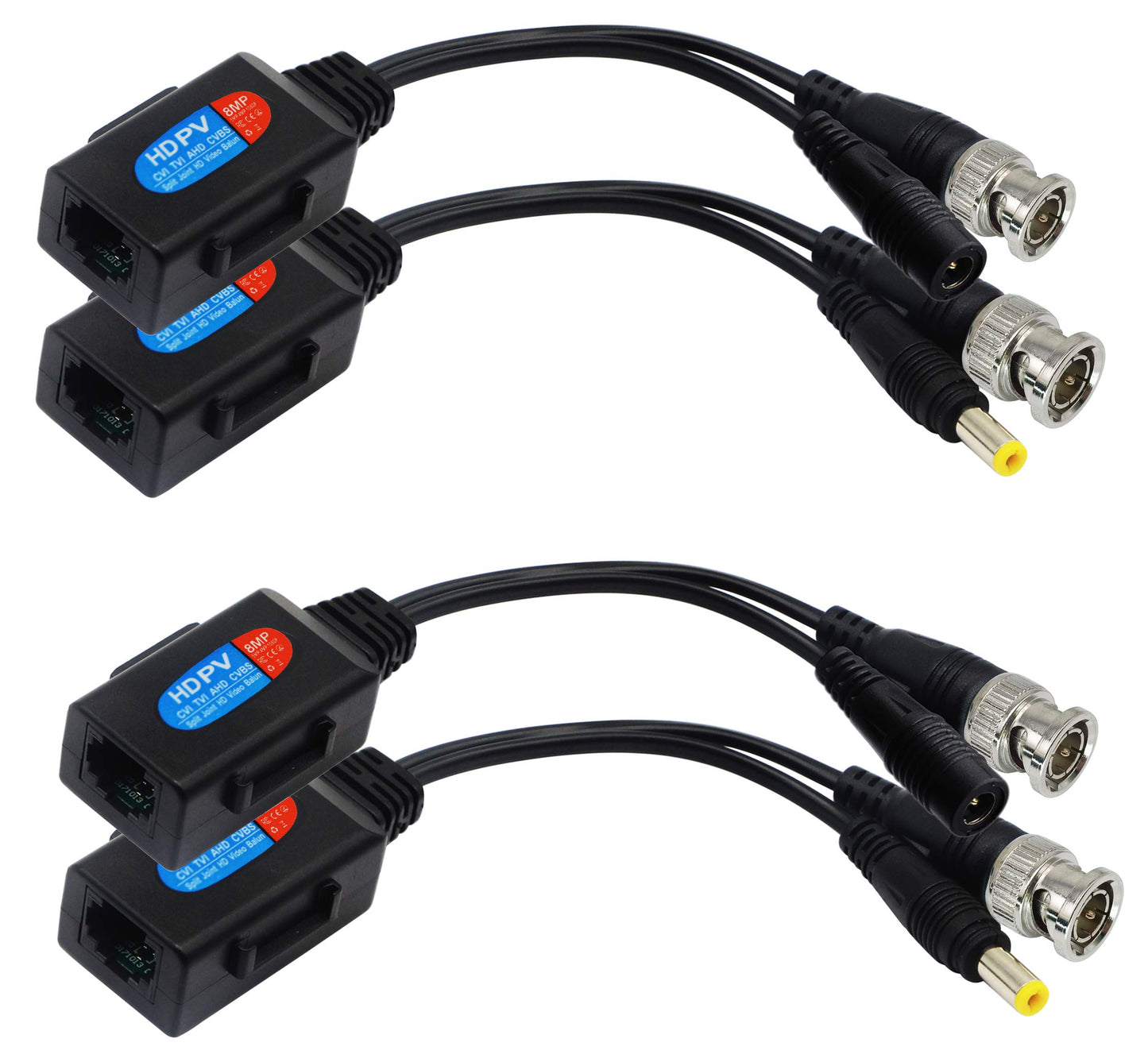 zdyCGTime Balun HD Cat5 RJ45 to BNC Video Baluns transceiver Passive with Power Connector for 720P 1080P 3MP 4MP 5MP HD-CVI/TVI/AHD/CVBS/960H Camera(2 Pairs)