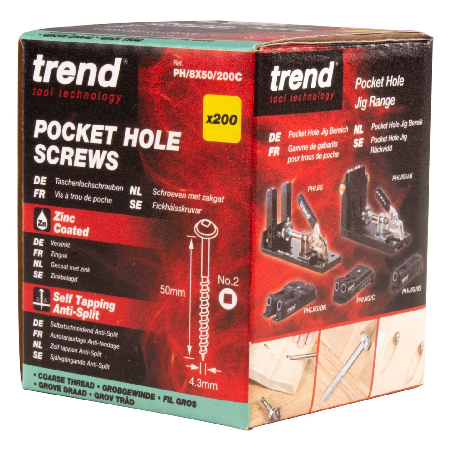 Trend Pocket Hole Screws for Softwoods, 50mm Long, Pack of 200, Coarse Self-Cutting Threaded Square Drive Screws, PH/8X50/200C, Silver No.8 x 50mm x 200pk