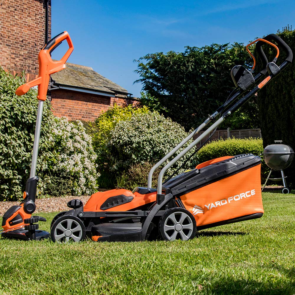 Yard Force 40V 32cm Cordless Lawnmower Plus Cordless Grass Trimmer with ONE Lithium-ion Battery & Quick Charger LM G32 + LT G30 Black,orange Single