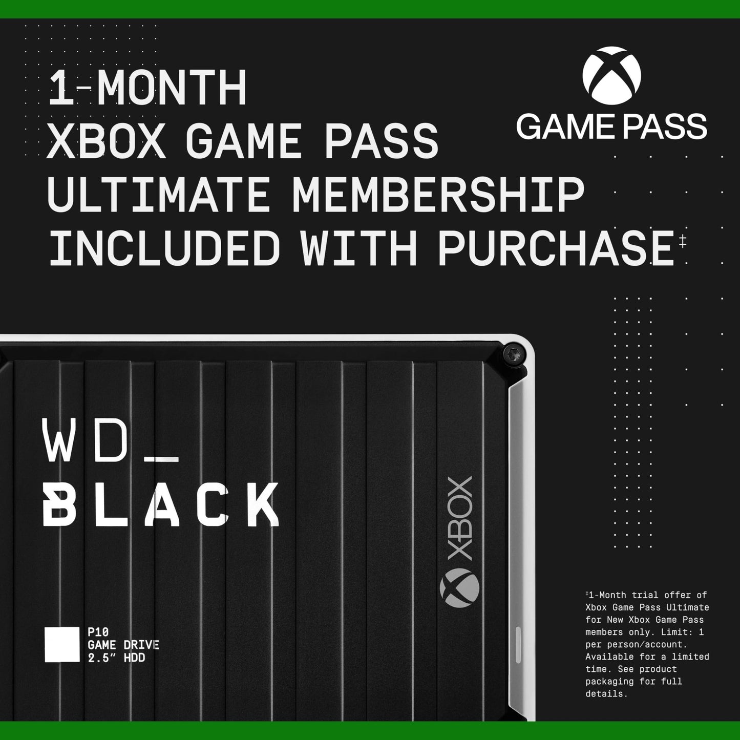 WD_BLACK P10 5TB Game Drive for Xbox, Xbox storage expansion, Portable Xbox external hard drive, On-the-Go Access to your Xbox Game Library, up to 130 MB/s, Includes 1 month Xbox Game Pass Ultimate HDD Portable for Xbox Black