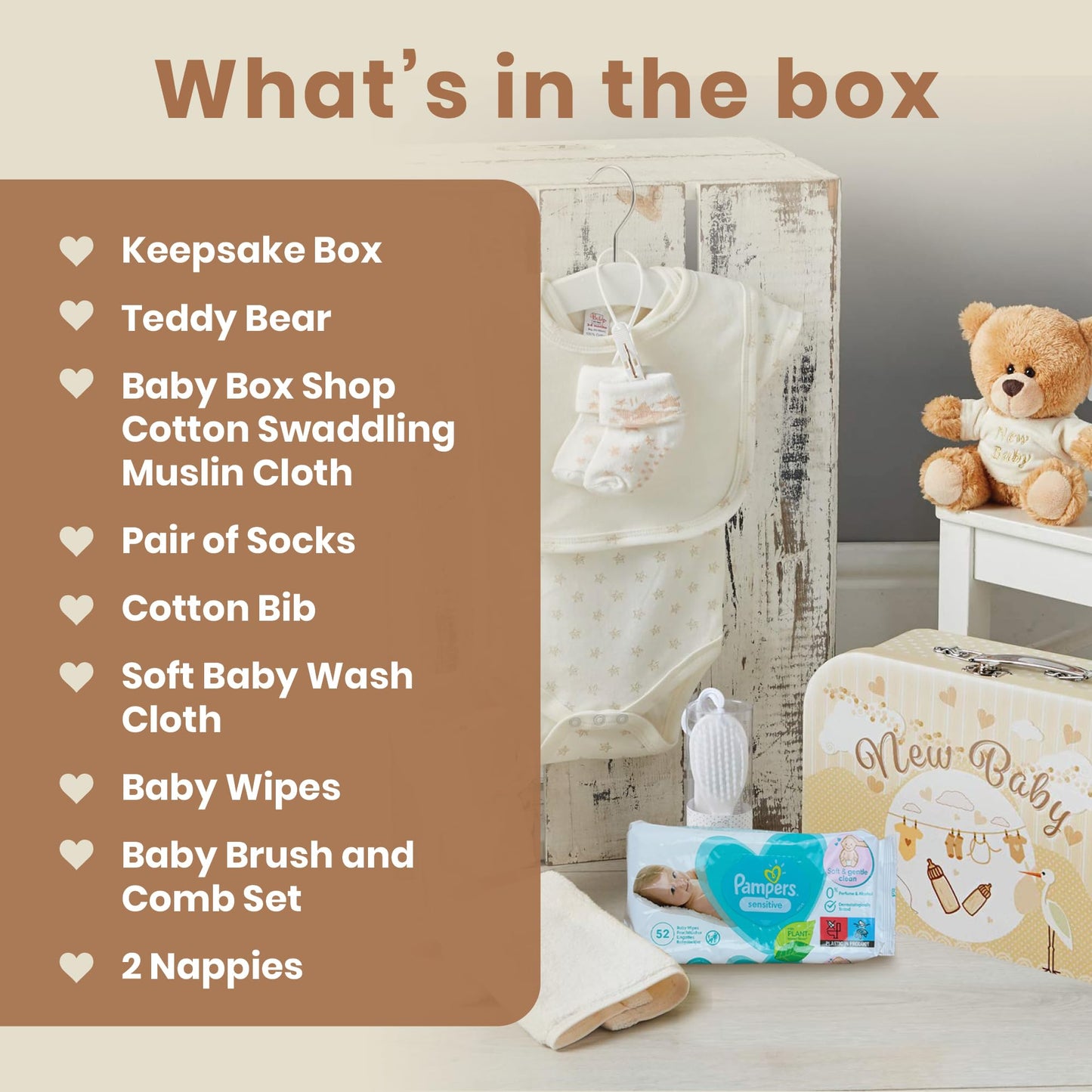 Baby Box Shop - 11 Newborn Baby Gifts, Ideal for Baby Shower Gifts & Gender Reveals - Baby Hamper in Cream Includes Baby Essentials for Newborn Unisex & Plush Teddy Bear (Cream) Standard