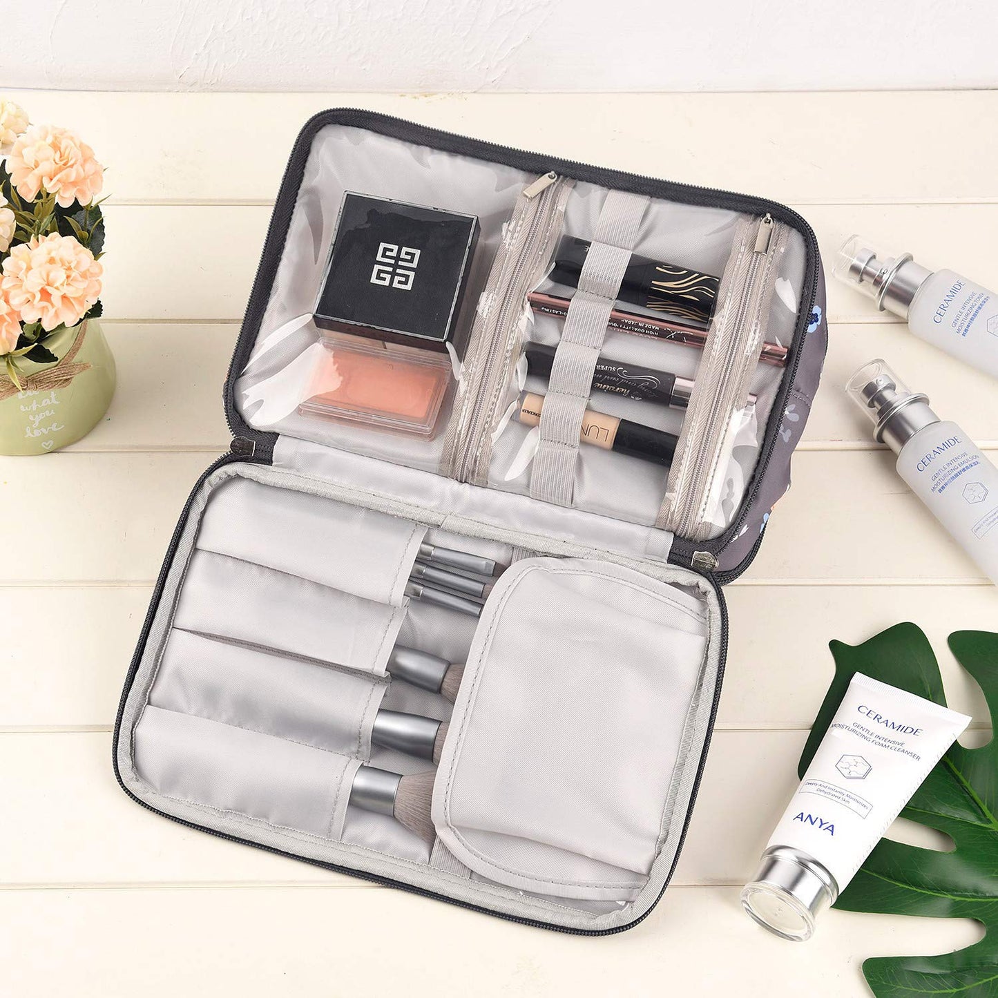 Travel Toiletry Bag for Women Makeup Bags with Small Cosmetic Pouches for Women Girls Water-Resistant (Gray Floral/Makeup Bag Set) Gray Floral / Makeup Bag Set