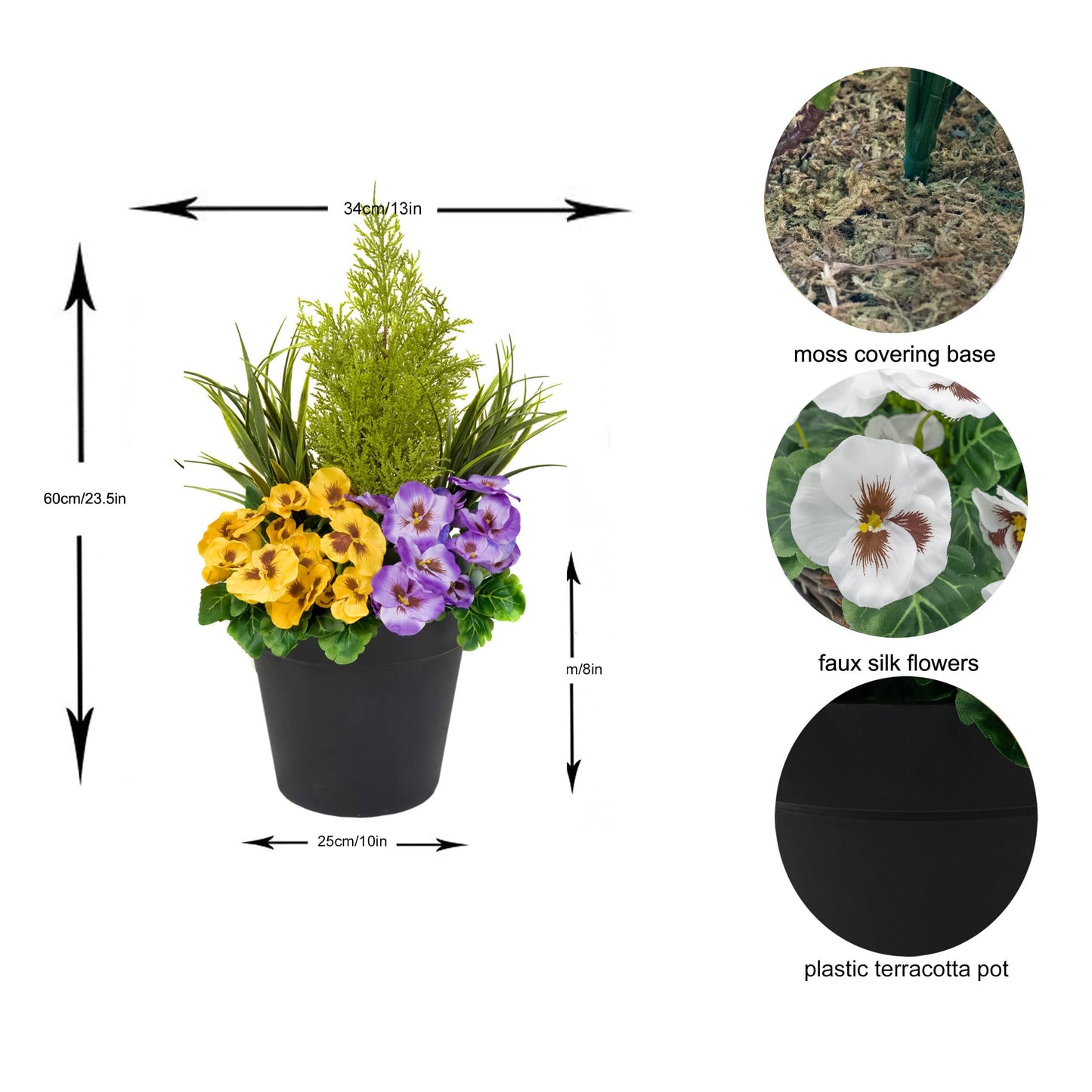 Artificial Purple and Yellow Faux Silk Pansies with Grasses/Conifer Topiary in a Black Pot Patio Planter Ideal for Home, Patio, Garden Outdoor Living 60cm/23.5in Purple & Yellow