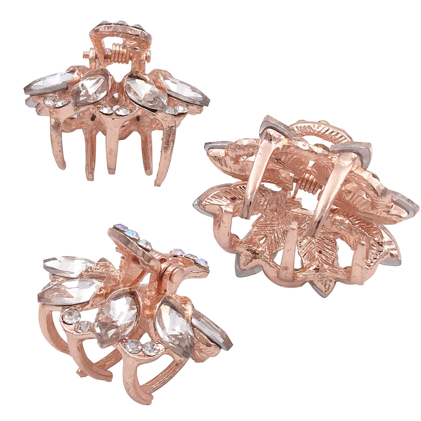 3PCS Crystal Rhinestone Rose Gold Tone Small Metal Hair Claw Clips for Women Girls