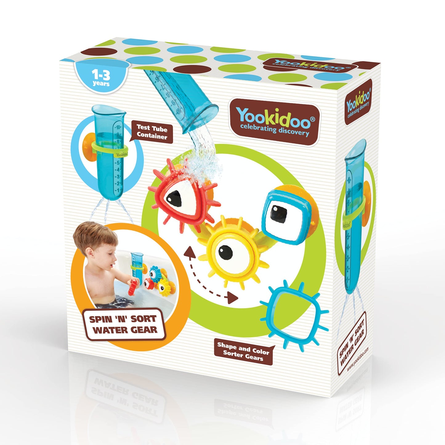 Yookidoo Kids Bath Toy - Spin 'N' Sort Water Gear - Children's Sensory Water Wheel Set That Attaches to Any Size Tub - Includes Suction Cups, 3 Googly Eye Gears, and Pourers