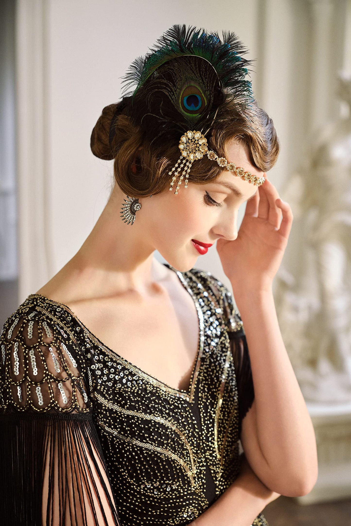 BABEYOND Feather Headpiece Great Gatsby Accessories for Women Roaring 20's Party Headpiece Black