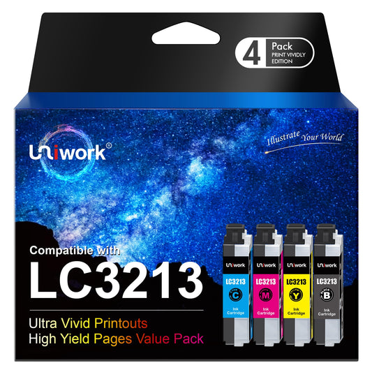 Uniwork Ink Cartridge Replacement for Brother LC3213 LC3211 Compatible with MFC-J497DW J890DW J895DW Compatible with DCP-J572dw J772DW J774DW (Black Cyan Magenta Yellow, 4-Pack) LC3213 4-Pack