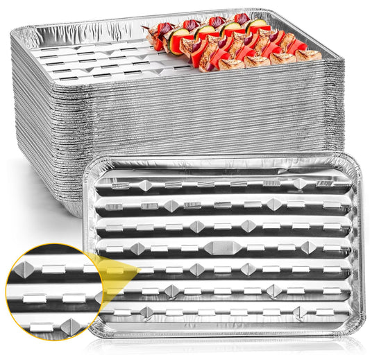 Yesland 30 Pack Disposable Barbecue Tray 34 x 23 x 2.8cm Aluminum Grill Containers Aluminum Foil Pans Barbecue Grilling Trays Baking Plate with Holes for BBQ Grilling Baking