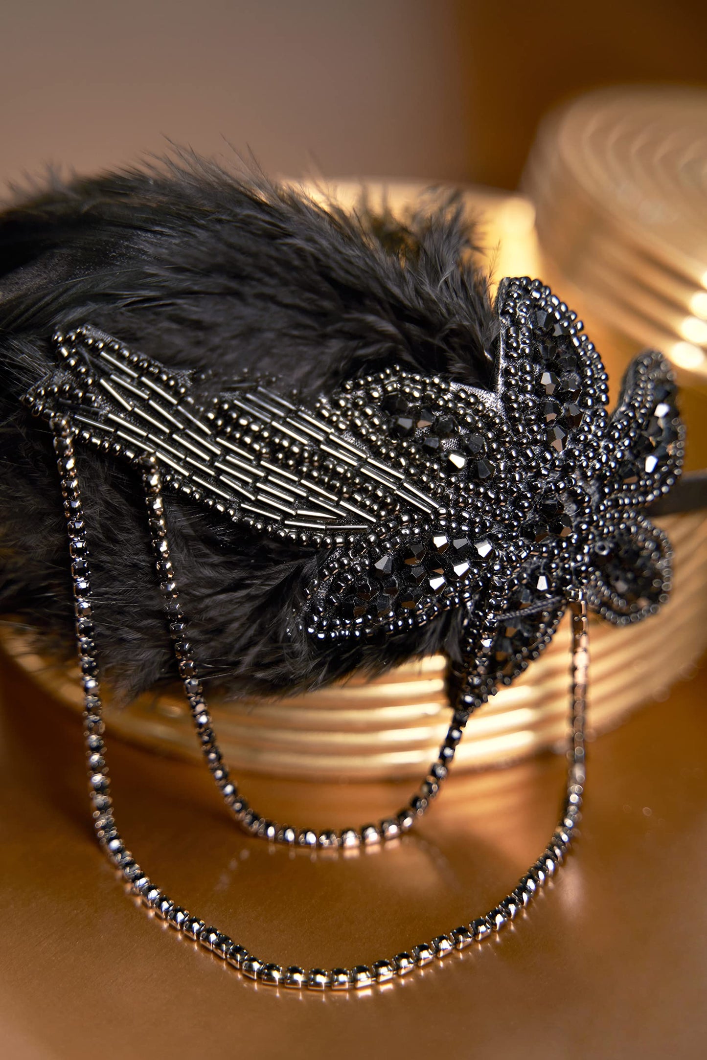 BABEYOND Vintage 1920s Headband 1920s Headpiece Feather Beaded Headband Crystal Flapper Headpiece Great Gatsby Costume Accessories Roaring 20's Accessories (Black) Black