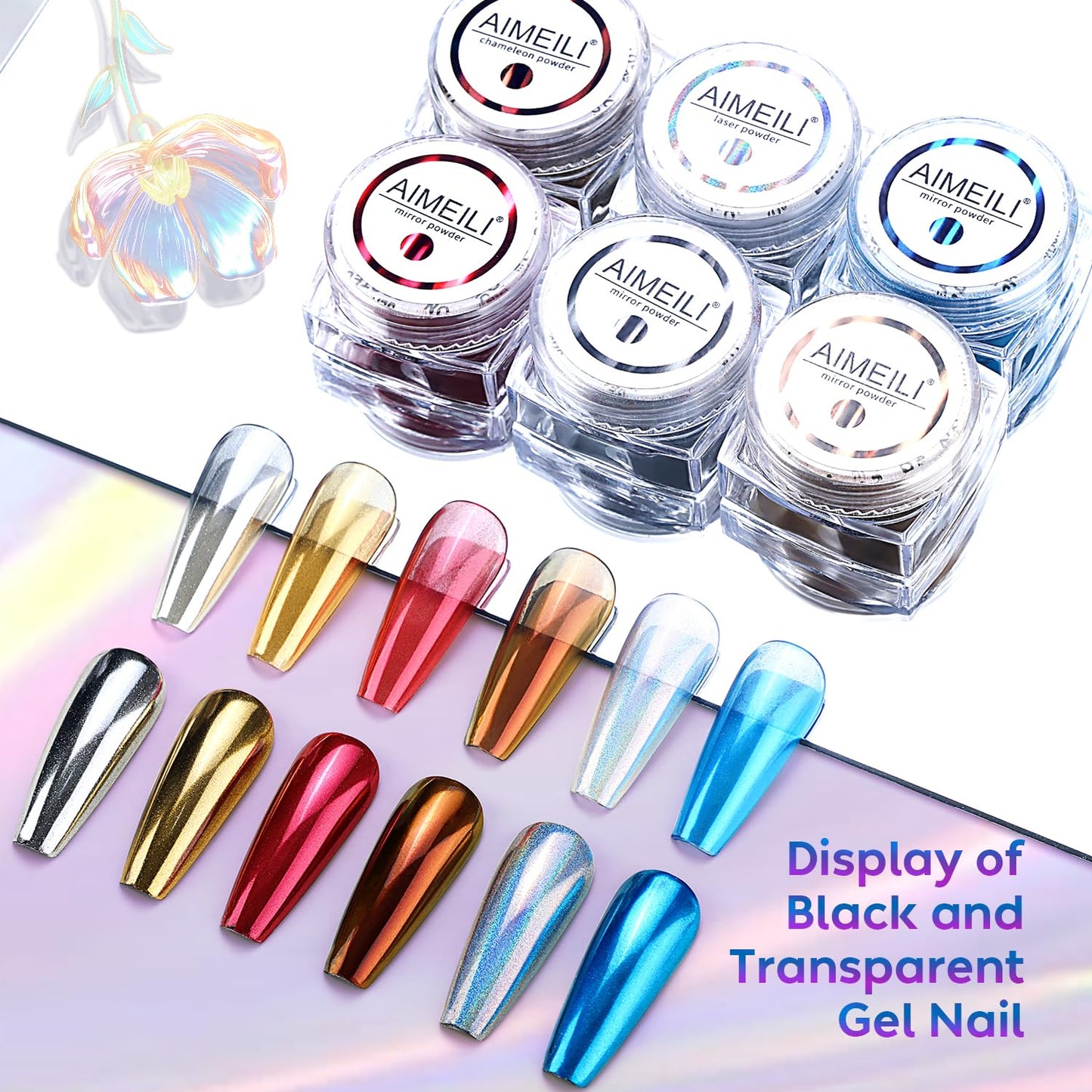 AIMEILI Upgrade Chrome Nail Powder, Nail Art Mirror Powder Set Super Mirror Effect Chrome Nail Glitter Dust Shinning Laser Powder Chameleon Holographic Nail Powder Manicure Kit