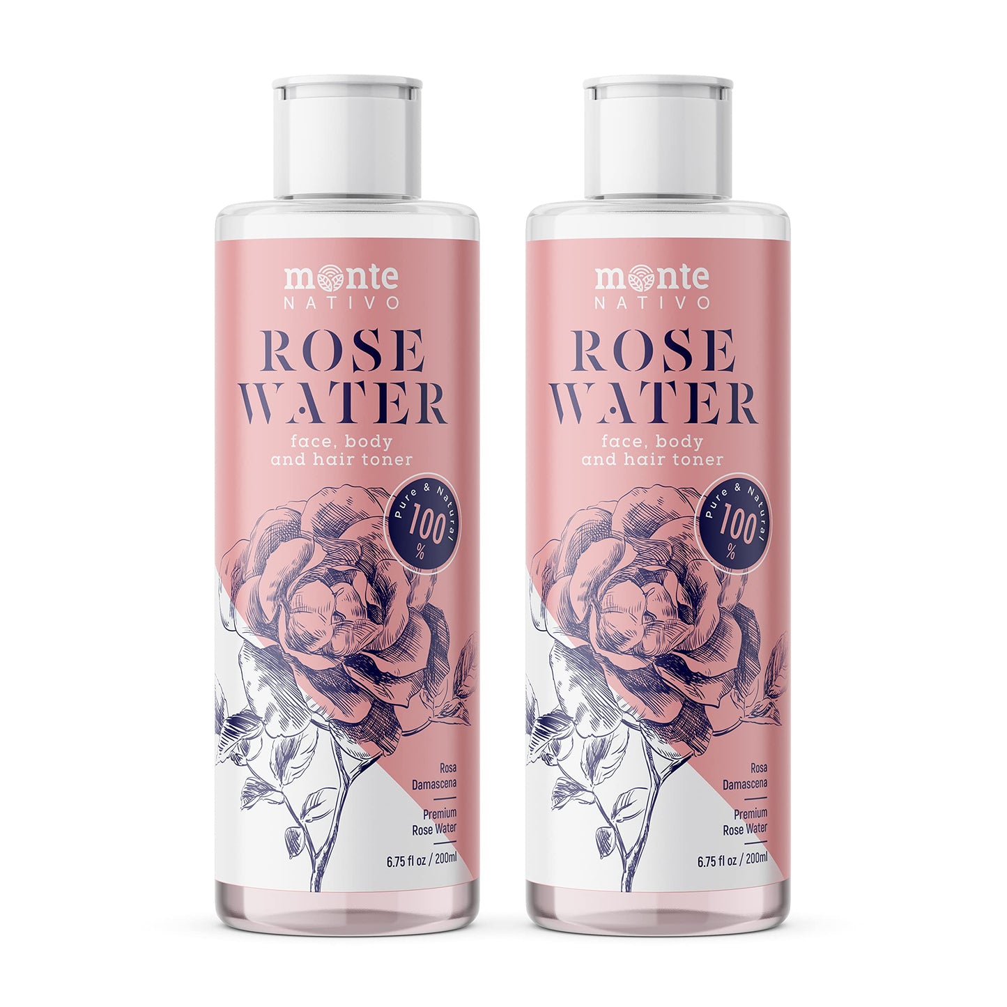 100% Pure Rose Water MonteNativo 2 * 200ml - 100% Natural and Pure, Facial Skin Toner, Natural Rose Hydrolat, Tripple Purified, Floral Rose Water Rose water bundle 200 ml (Pack of 2)