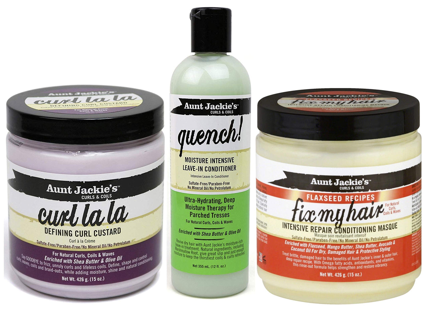 Aunt Jackies Curls & Coils Trio Bundle |Curl La La Defining Curl Custard 426 G | Quench Moisture Intensive Leave In Conditioner 355 Ml | Intensive Repair Conditioning Masque 426G