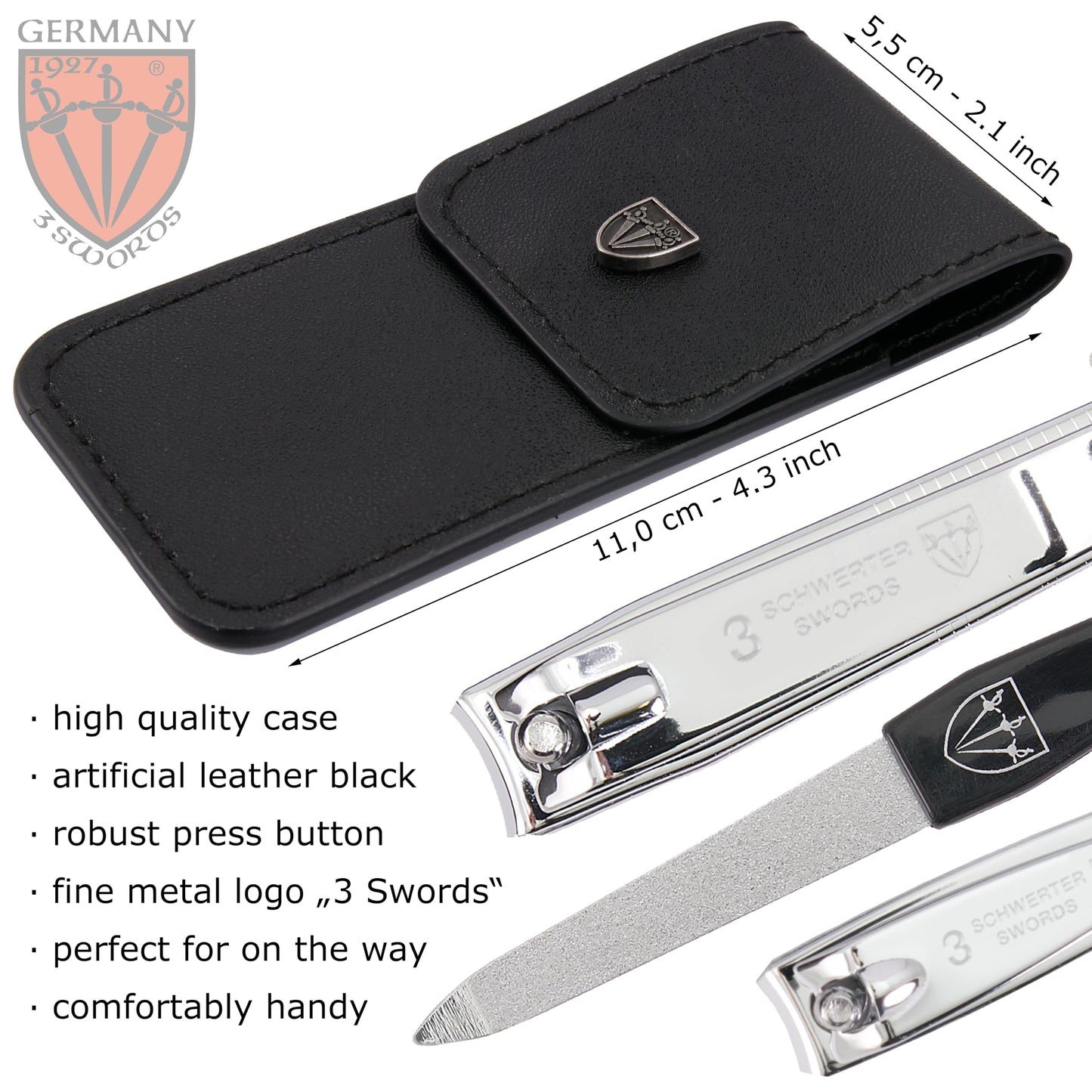 3 Swords Germany - Brand Quality 2 Piece Manicure Pedicure Grooming kit Set Finger & Toe Nail Clipper in Synthetic Leather case - Made by 3 Swords (6721) Silver