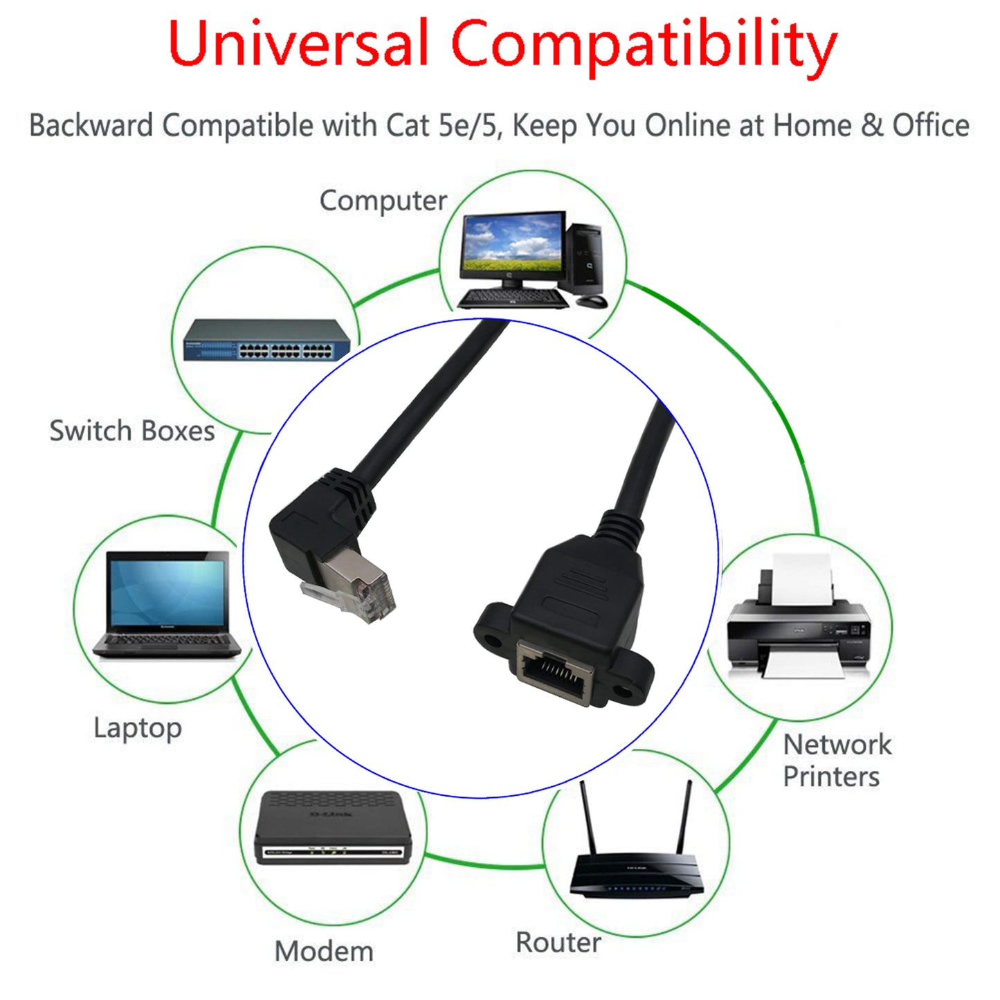 zdyCGTime Cat6e 90° angle RJ45 male to female installation screw board network extension cable,Suitable for routers, printers, switch boxes, network media players and other equipment.(30cm/1 Pack) Down