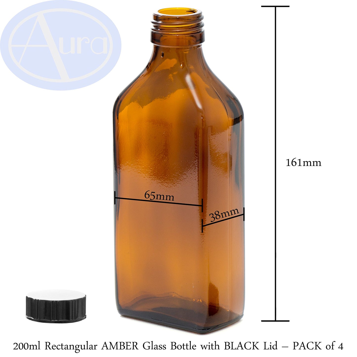 Aura 200ml Rectangular AMBER Glass Bottle with BLACK Lid - PACK of 4