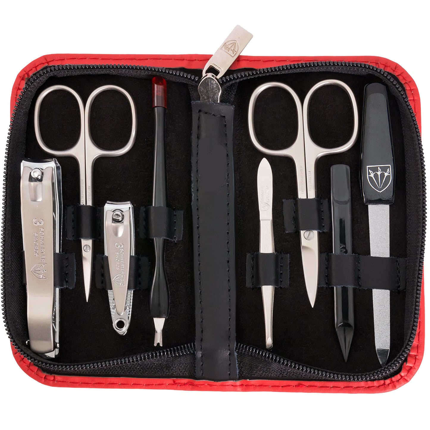 3 Swords Germany - brand quality 8 piece manicure pedicure grooming kit set for professional finger & toe nail care scissors clipper fashion leather case in gift box, Made by 3 Swords (6622) RED - SYNTHETIC LEATHER