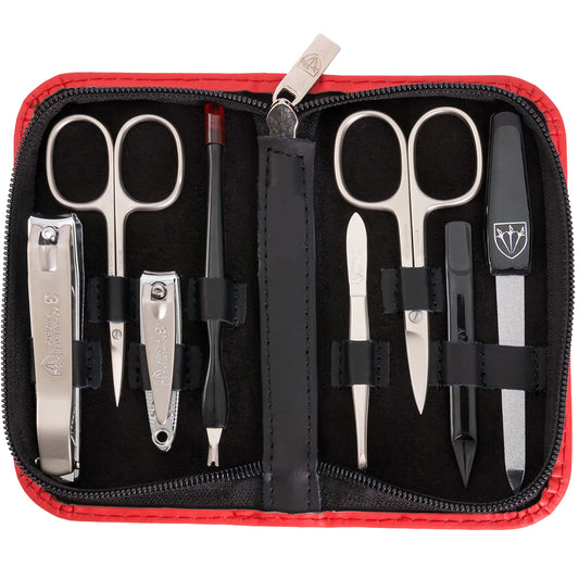 3 Swords Germany - brand quality 8 piece manicure pedicure grooming kit set for professional finger & toe nail care scissors clipper fashion leather case in gift box, Made by 3 Swords (6622) RED - SYNTHETIC LEATHER