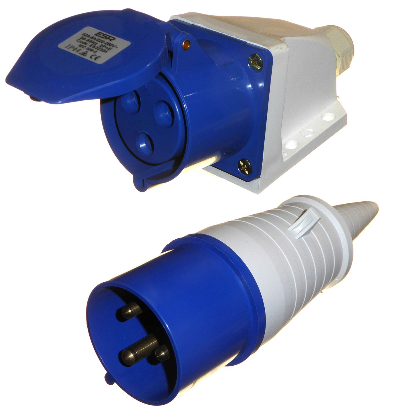 32 Amp 3 Pin Plug & Surface Socket 230V IP44 32A 2P+E 1 Phase Indoor/Outdoor Rainsafe Industrial 32A IEC Blue