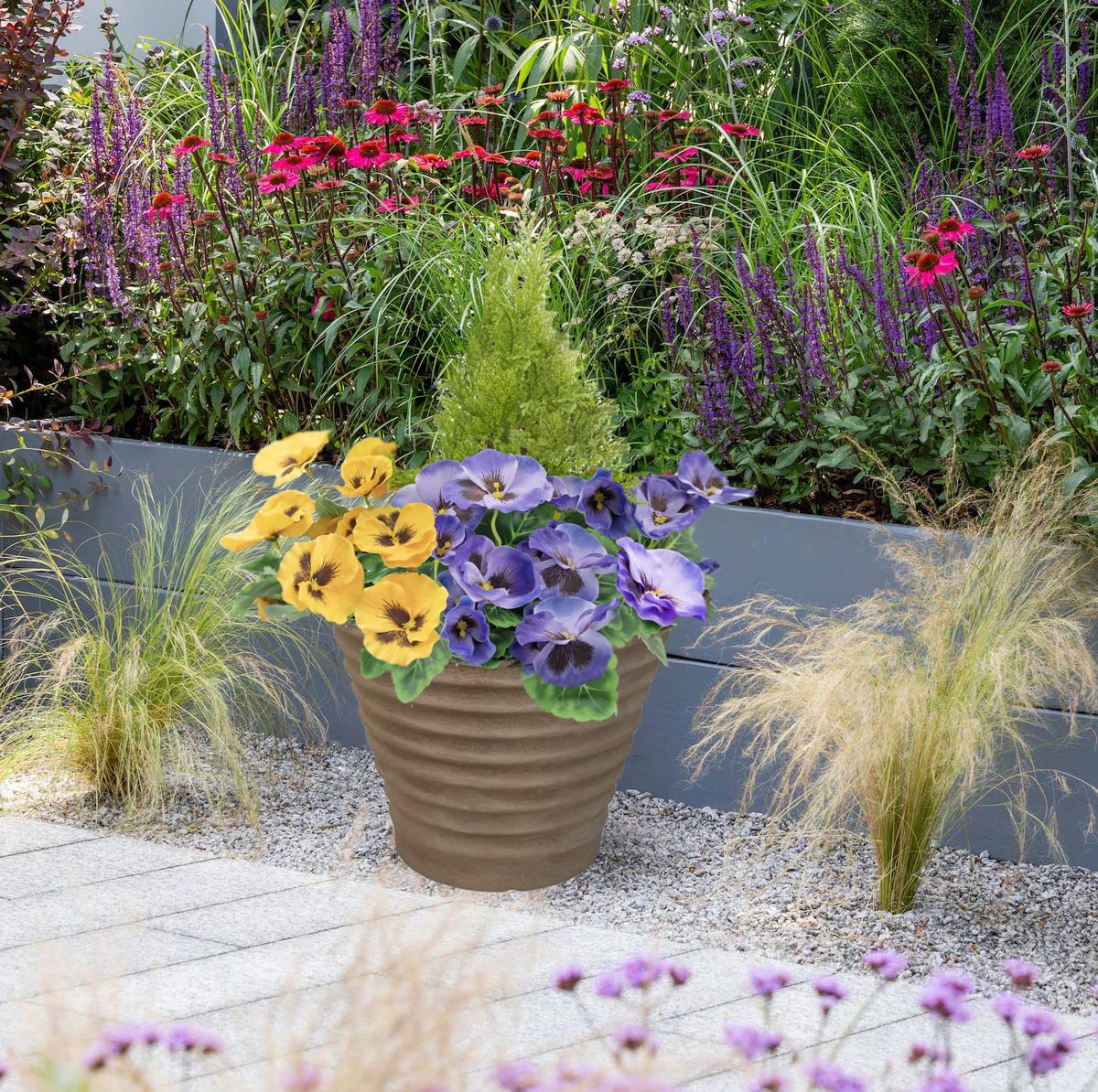 Artificial Purple and Yellow Faux Silk Pansies with Grasses/Conifer Topiary in a Black Pot Patio Planter Ideal for Home, Patio, Garden Outdoor Living 60cm/23.5in Purple & Yellow