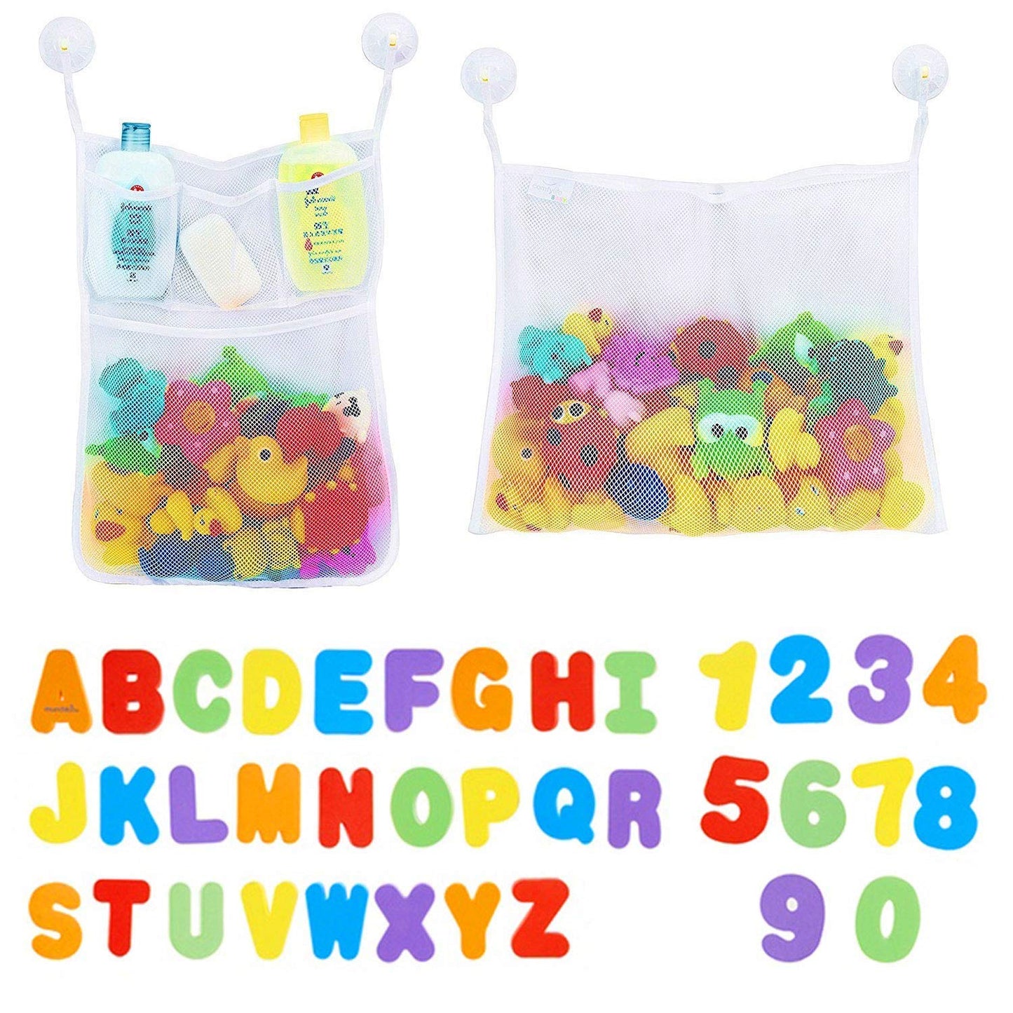 2 x Mesh Baby Bath Toy Storage + 36 Bath Toys Letters and Numbers - Toddlers Large Toy Organiser Net Bag for Baby Boys & Girls and Shower Caddy Bonuses: 6 Ultra Strong Suction Hooks (White)