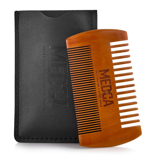 Wooden Beard Comb With Leather Case - Handcrafted Solid Beechwood Beard, Mustache and Head Hair Pocket Combs for Men Dual Action Fine & Coarse Teeth Perfect for Conditioner Oils and Beard Balms