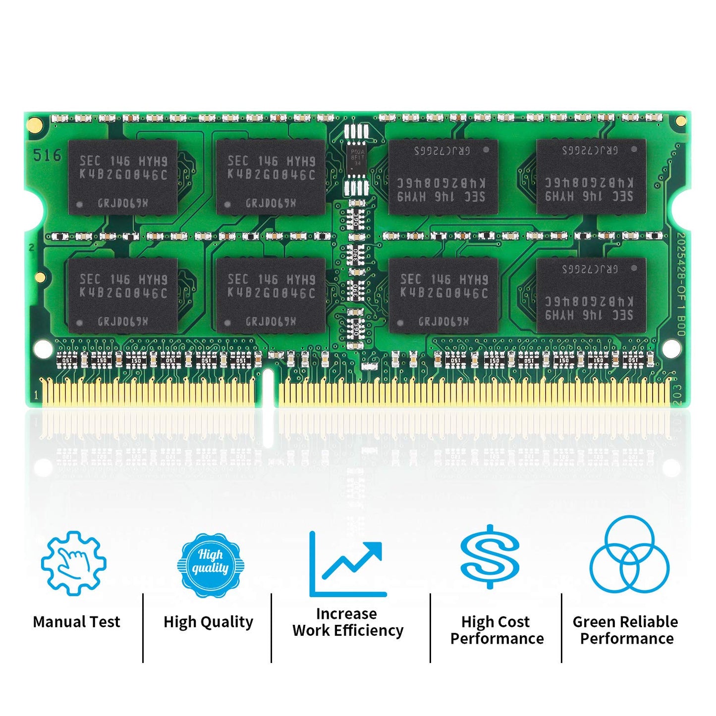 4GB DDR3 12800S Ram 1600mhz PC3-12800 1.35V CL11 204-pin 2Rx8 PC3 PC3L DDR3L SODIMM Notebook Memory for Laptop 1X4G-12800SL DDR3 12800SL-Green